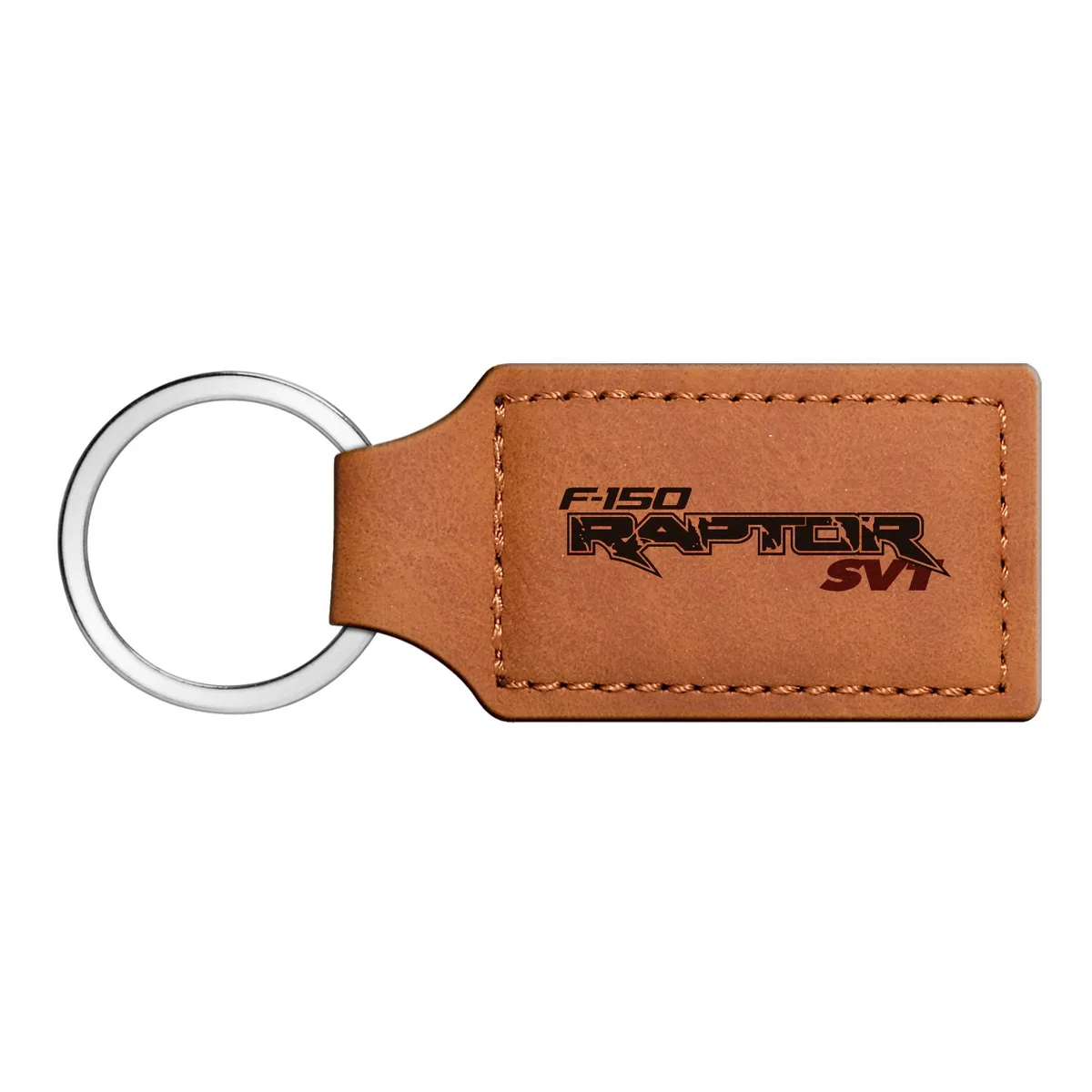 Rectangular brown leather key chain with Ford F-150 Raptor logo