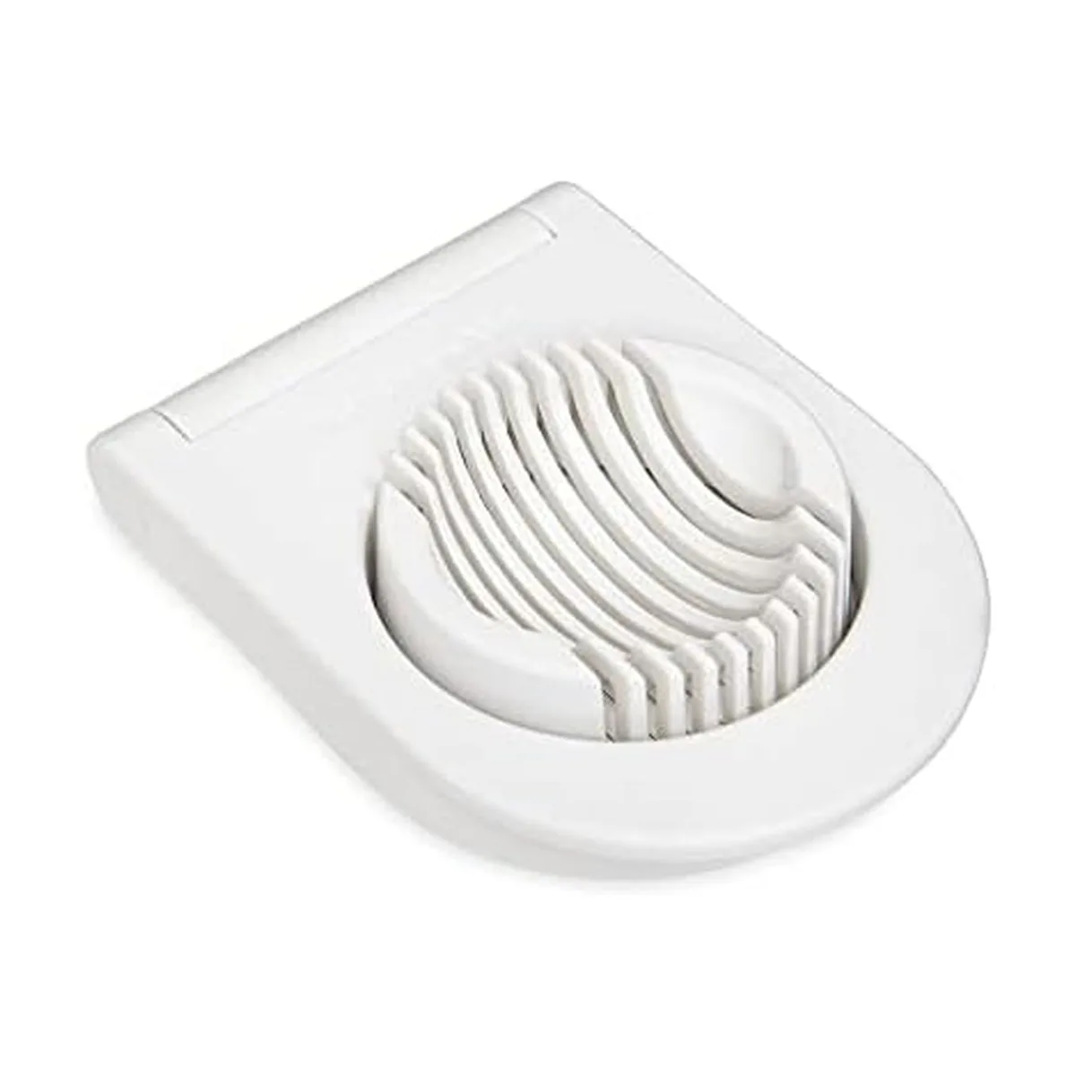 White KitchenAid egg slicer with stainless steel wires, 9 inch rectangular frame, non-slip base
