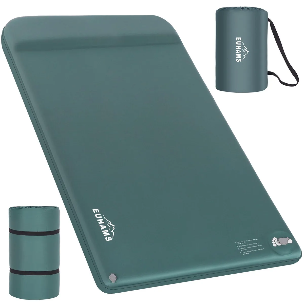 Army green rectangular self-inflating sleeping pad with built-in foot pump and pillow, 2.3 inches thick