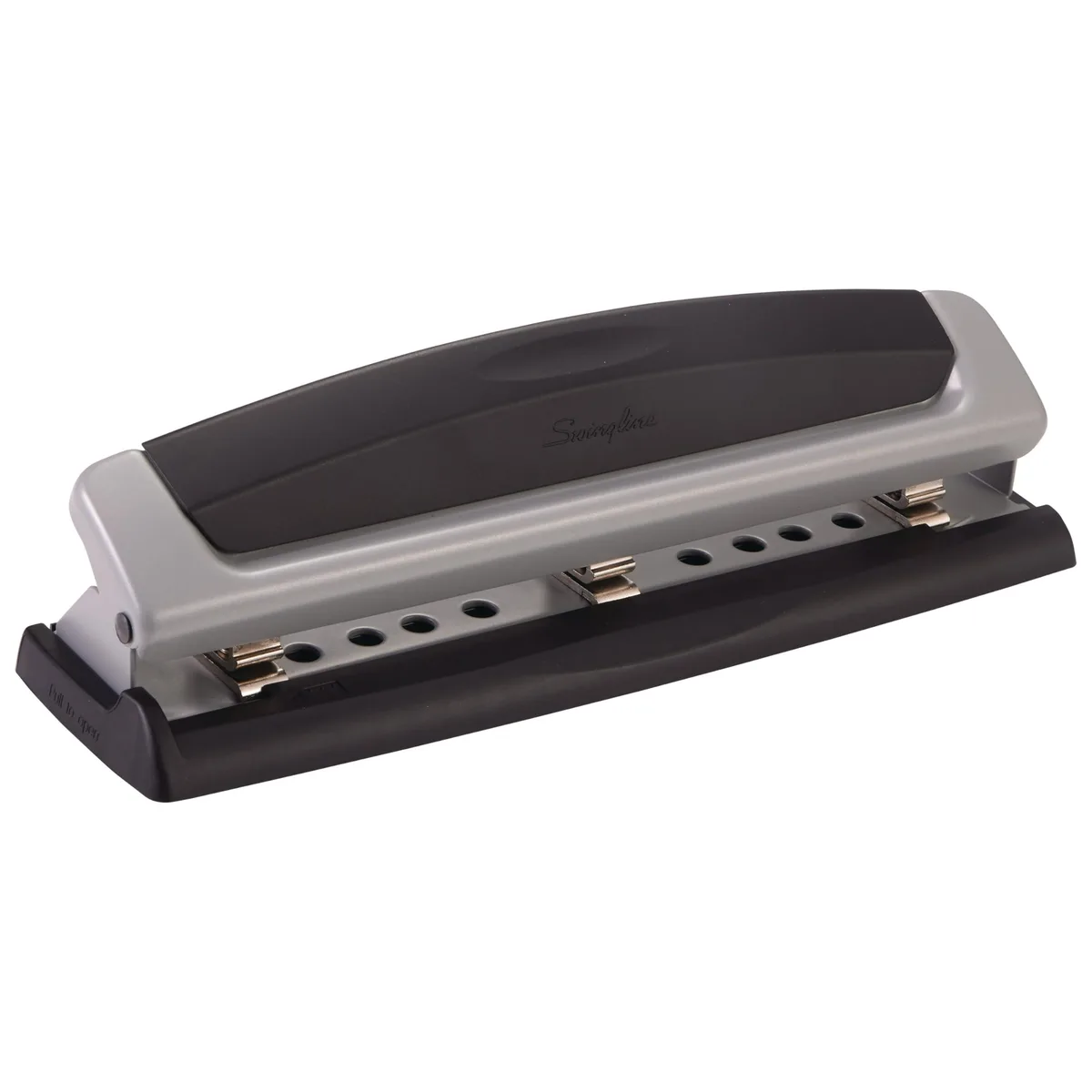 Black and silver metal three-hole punch with adjustable guides and chip tray