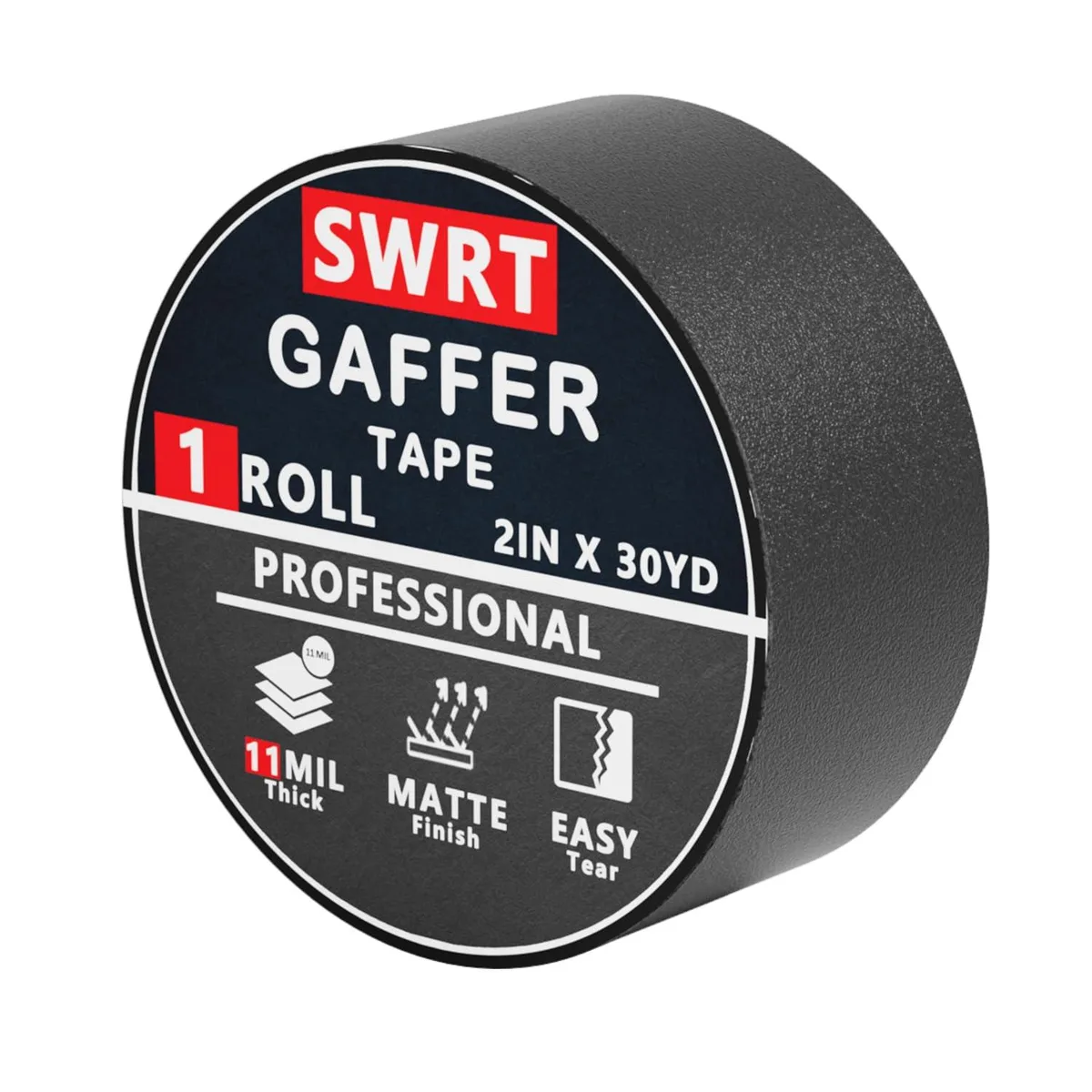 Two rolls of black matte gaffer tape, each 30 yards long, 11 mil thick, industrial grade