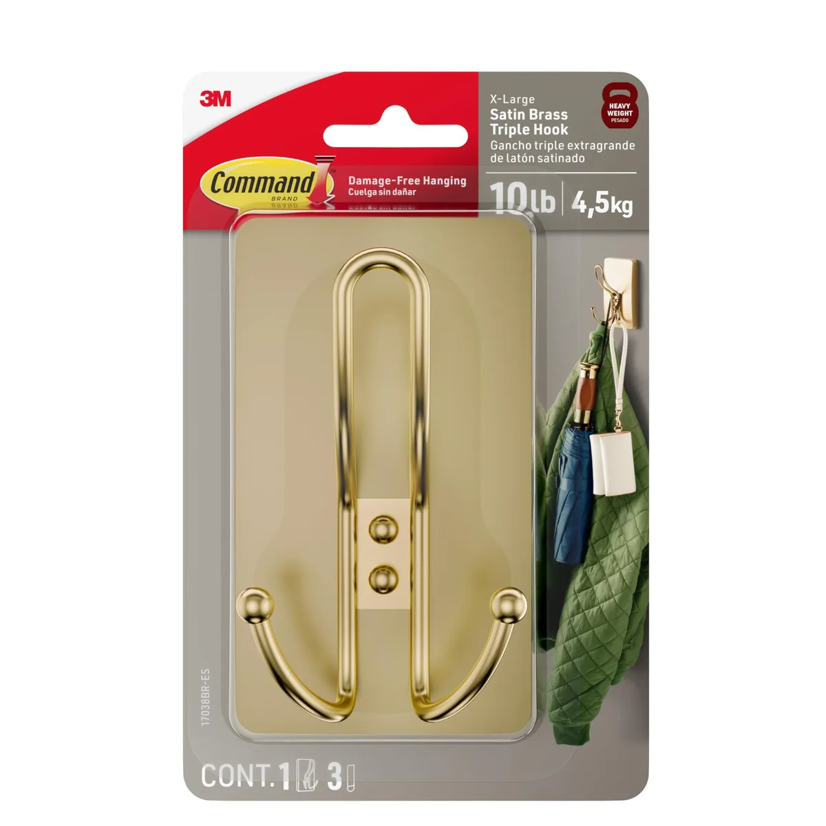 A large satin brass triple hook with three adhesive strips