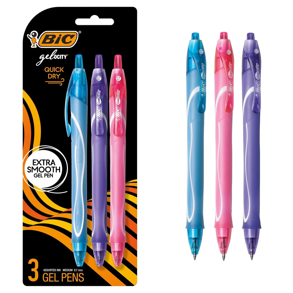 Three retractable gel pens with blue plastic barrels and full-length grips