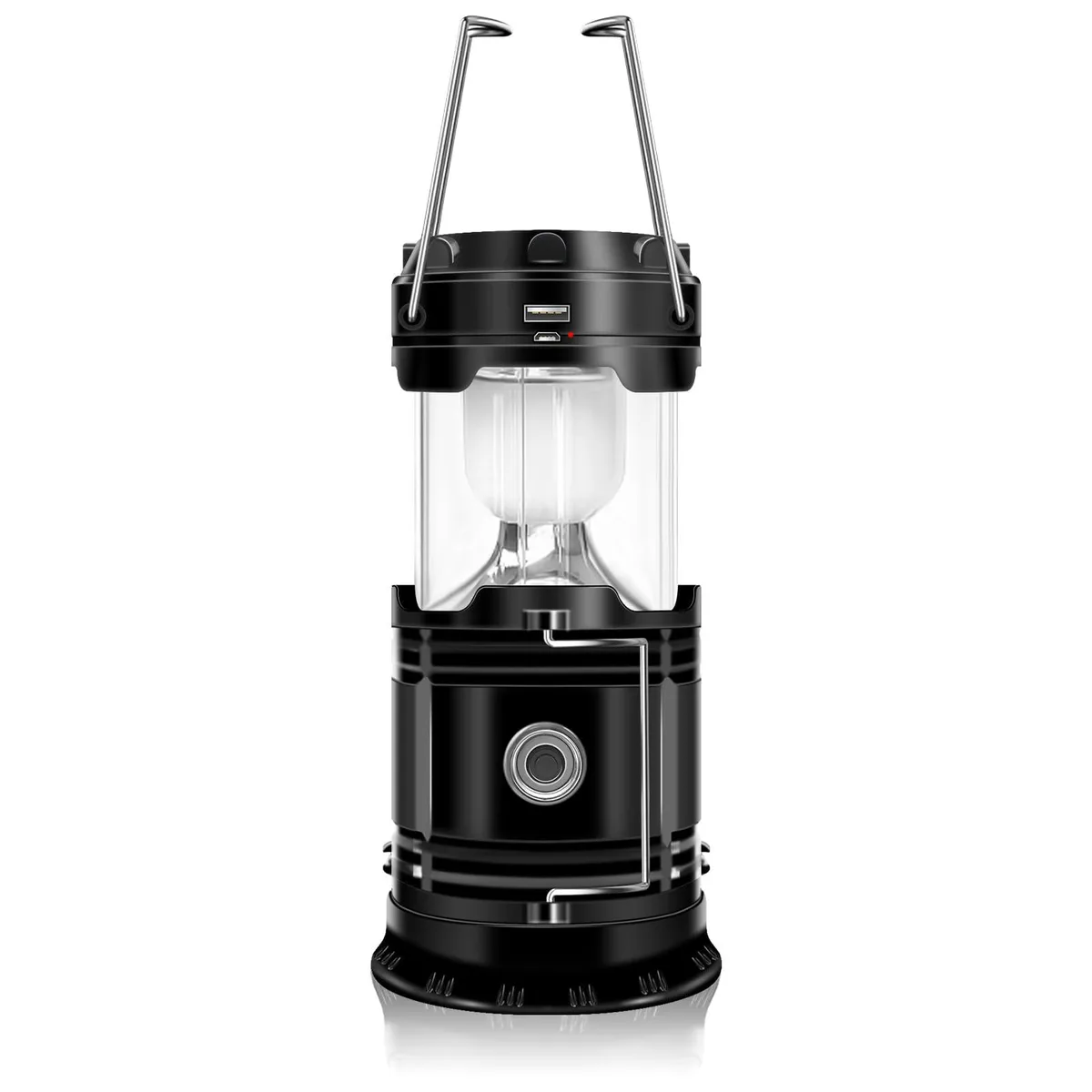 Black collapsible LED lantern flashlight with folding hook, compact cylindrical form