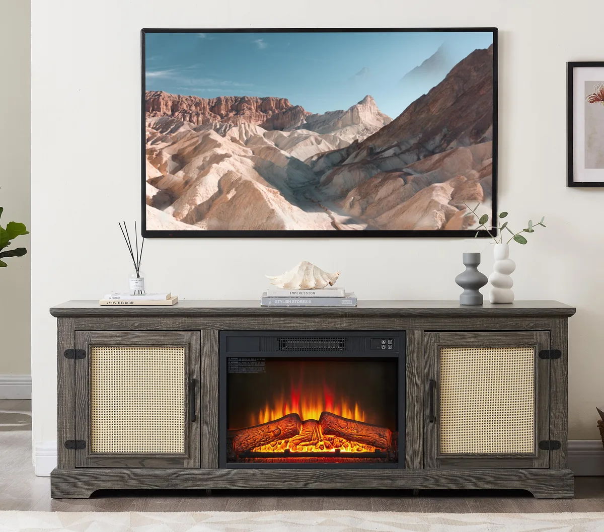 Grey TV stand with rattan doors and built-in 23 inch fireplace insert