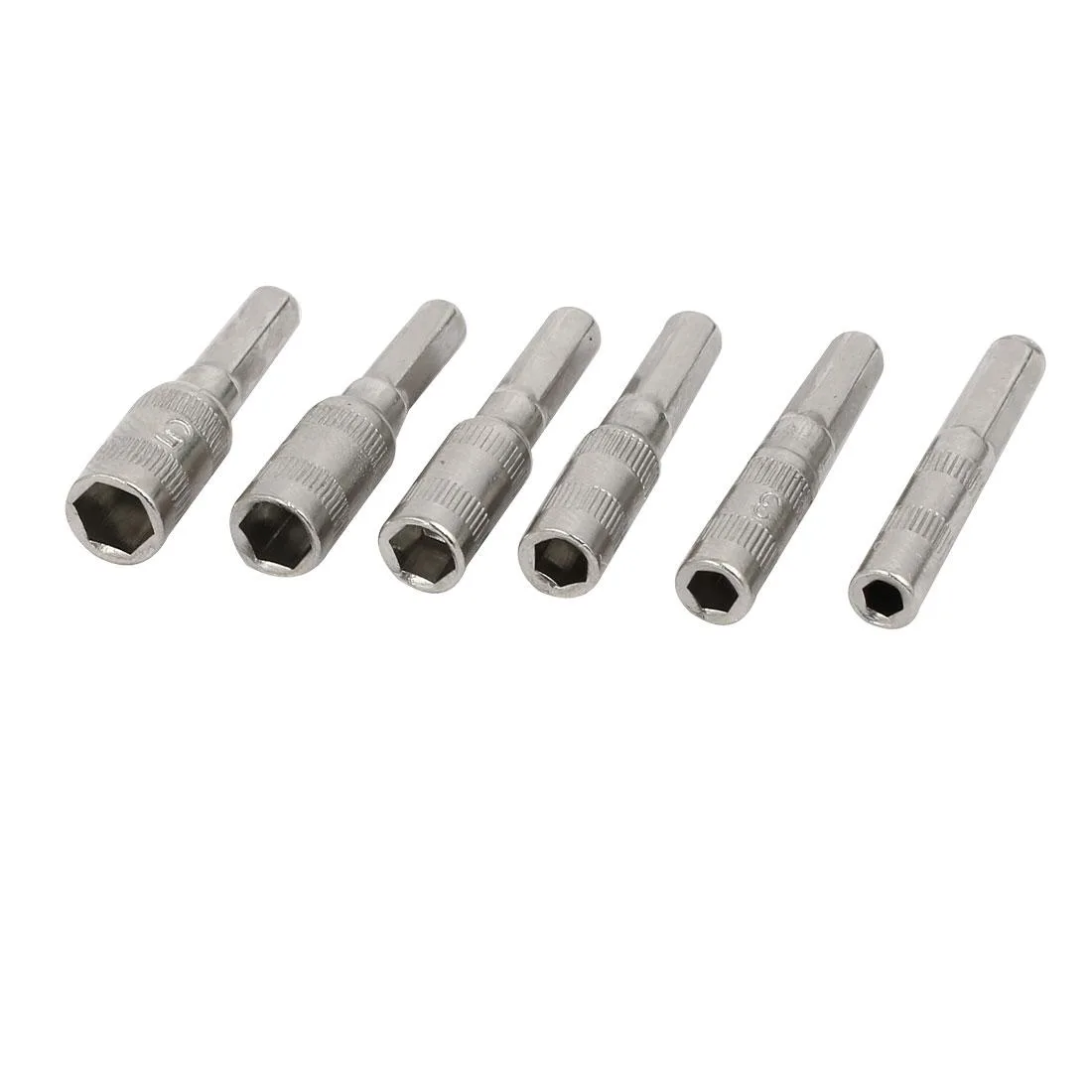 Silver metal hex socket nut driver adapter set with six sizes M2.5 to M5.0 on 4mm hex shank