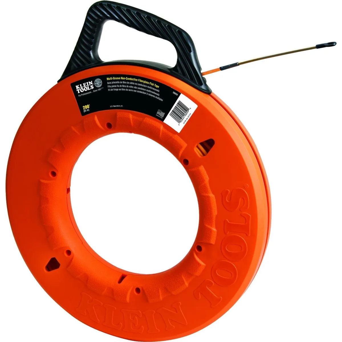 Yellow fiberglass fish tape reel, 200 foot non-conductive, 17 inch case diameter, raised finger grips, sloped handle, made in USA