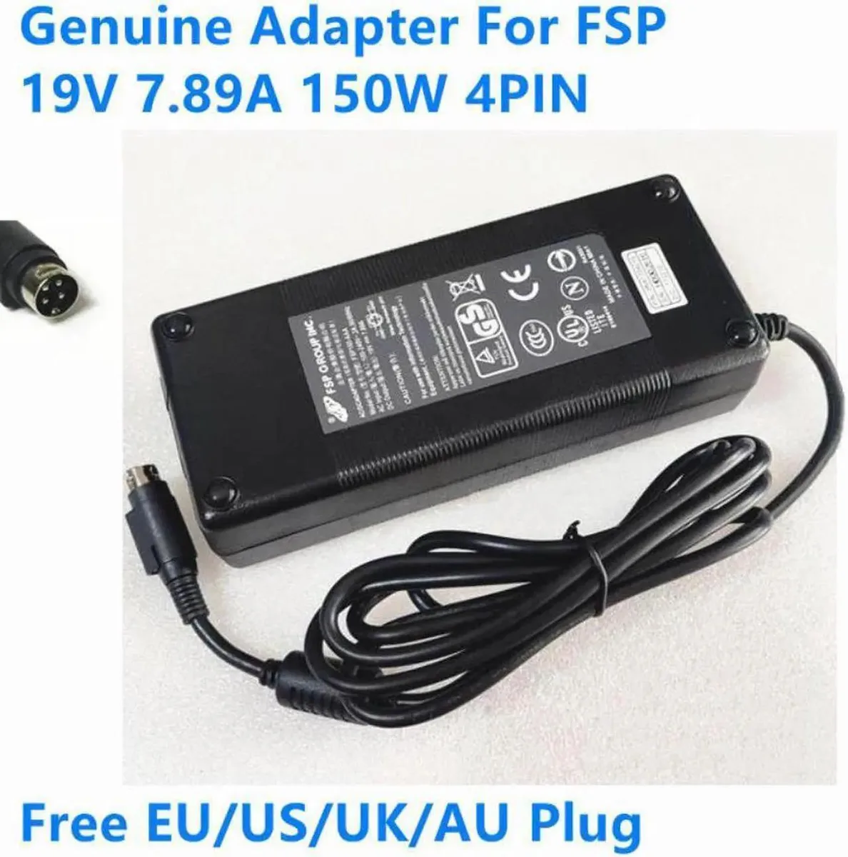 Black rectangular 150W laptop power adapter with 4-pin connector and detachable power cord