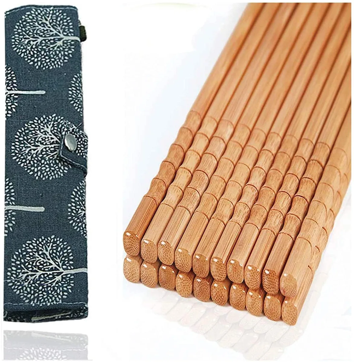 Ten pairs of light brown bamboo chopsticks in a canvas roll bag