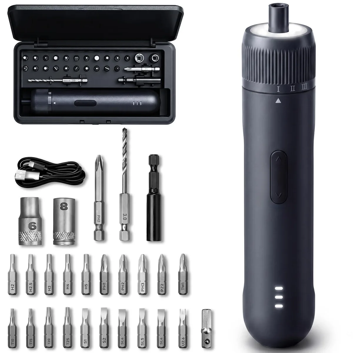 Black cordless screwdriver in 26-piece kit with hard case