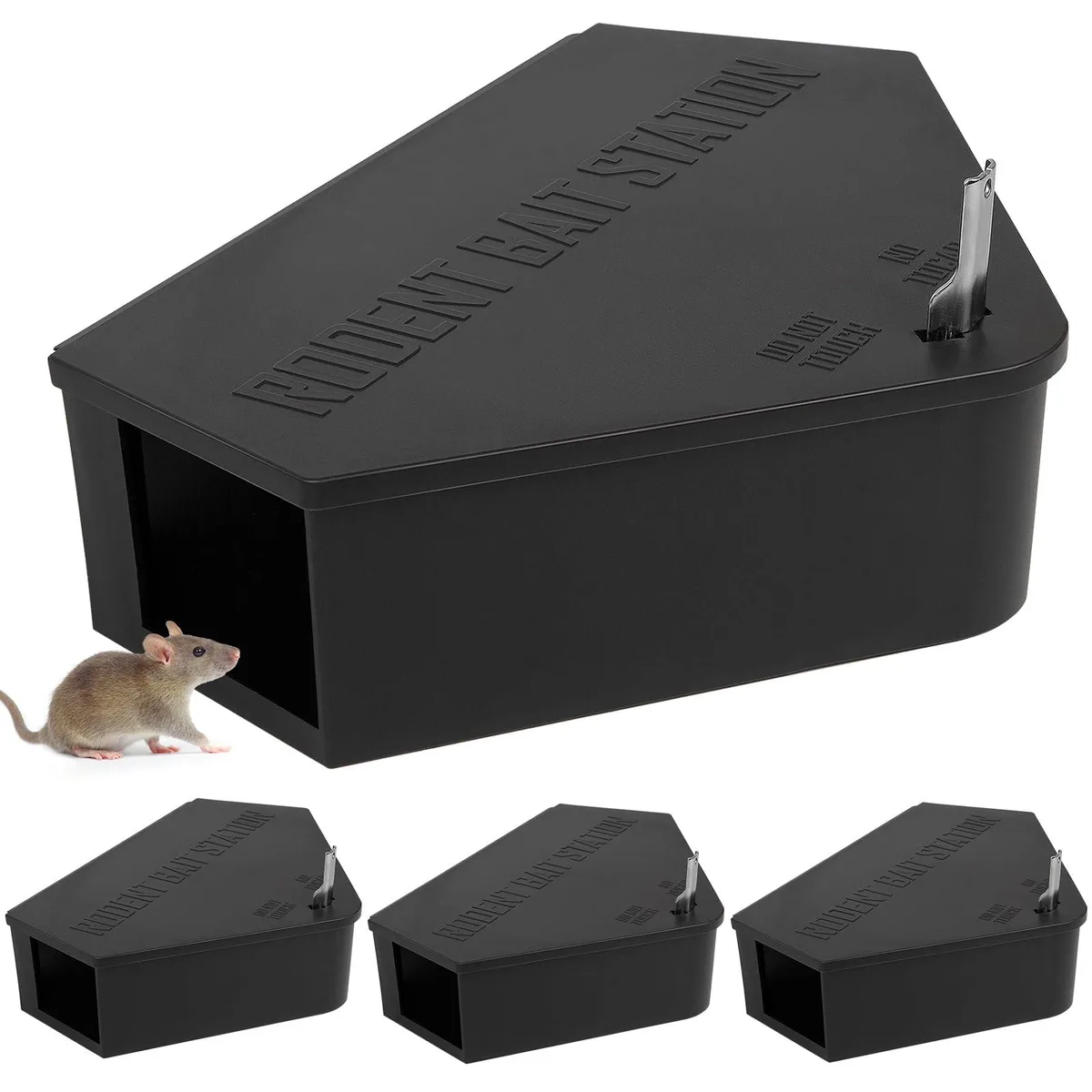 Triangular plastic rat station box, 9.7 by 8.3 by 2.5 inches, with key lock