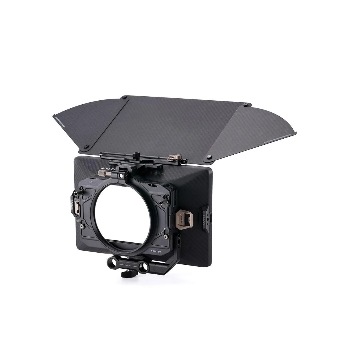 Black matte box with carbon-fiber body, 15mm LWS bracket, three 4x5.65 filter trays and top flag