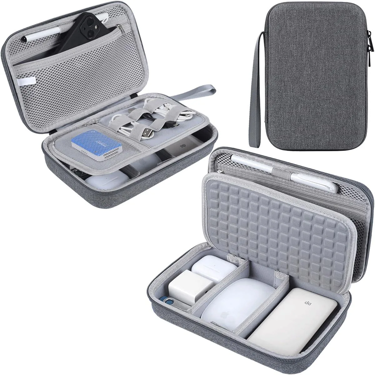 Grey hard-shell EVA business case with zipper, padded dividers and mesh pocket