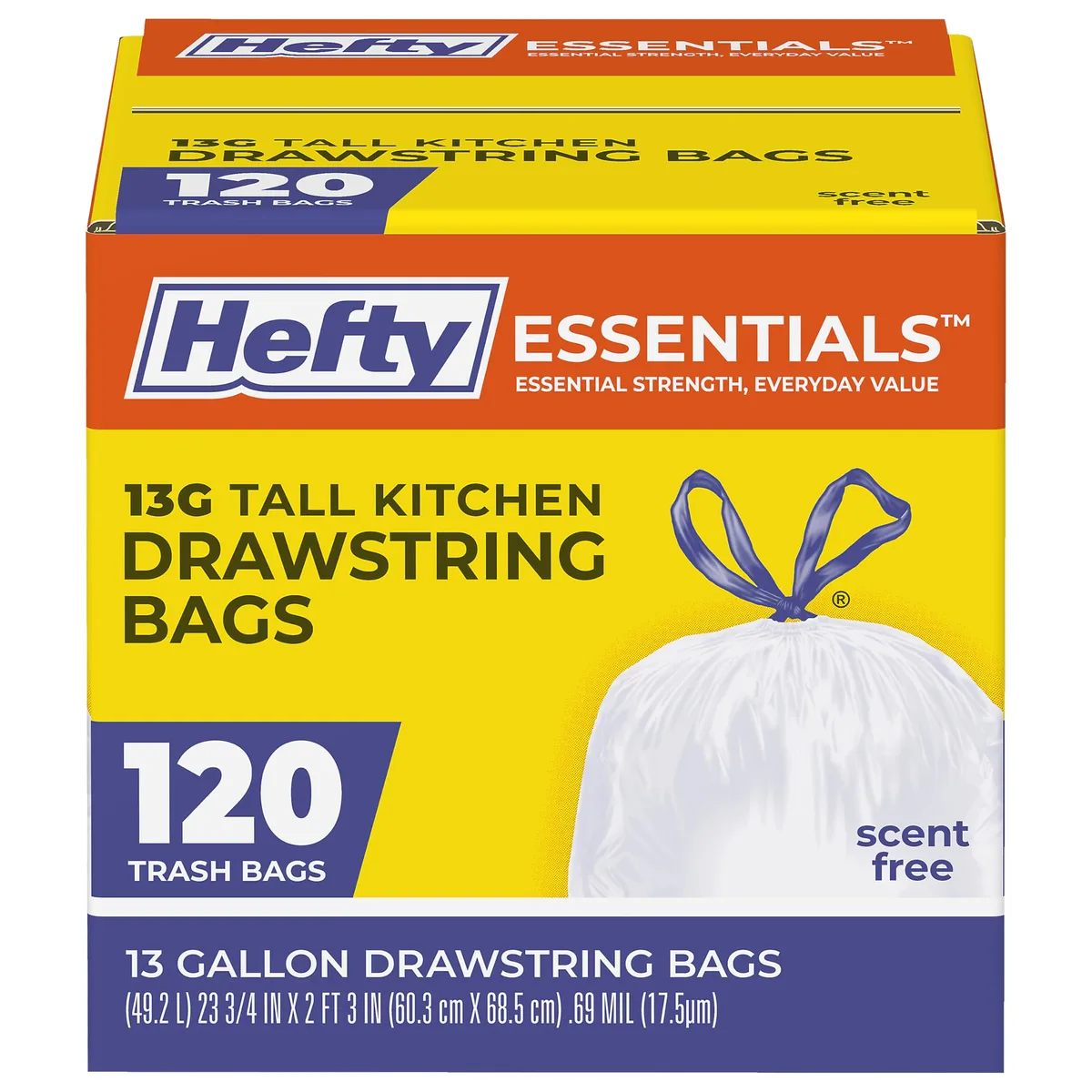 White rectangular box containing 120 drawstring kitchen trash bags