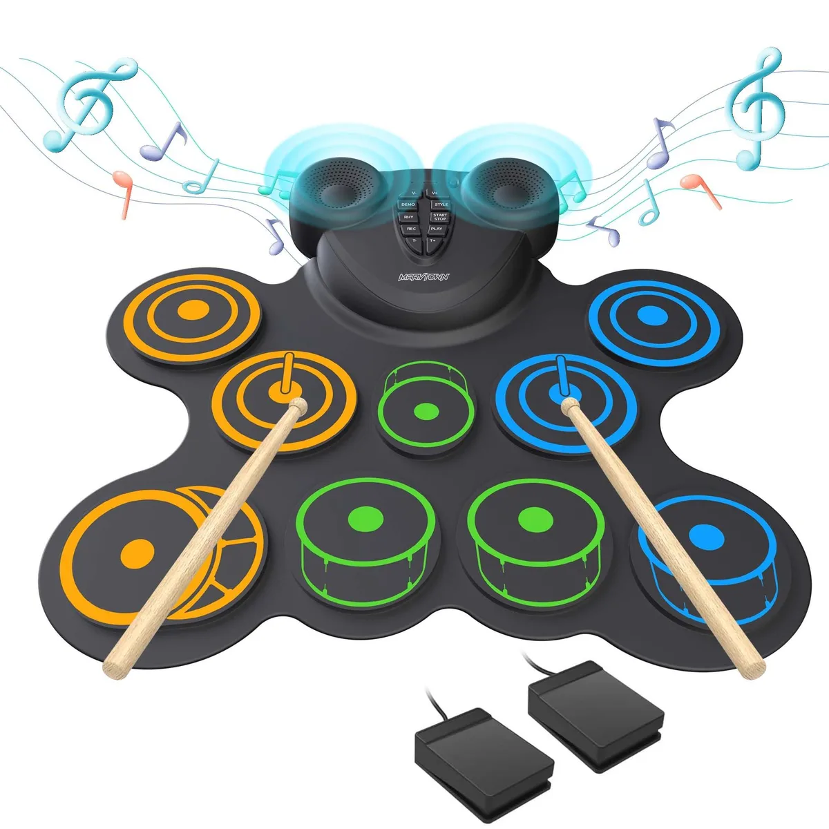 Foldable silicone drum pad with ten pads, two pedals, sticks, built-in speakers