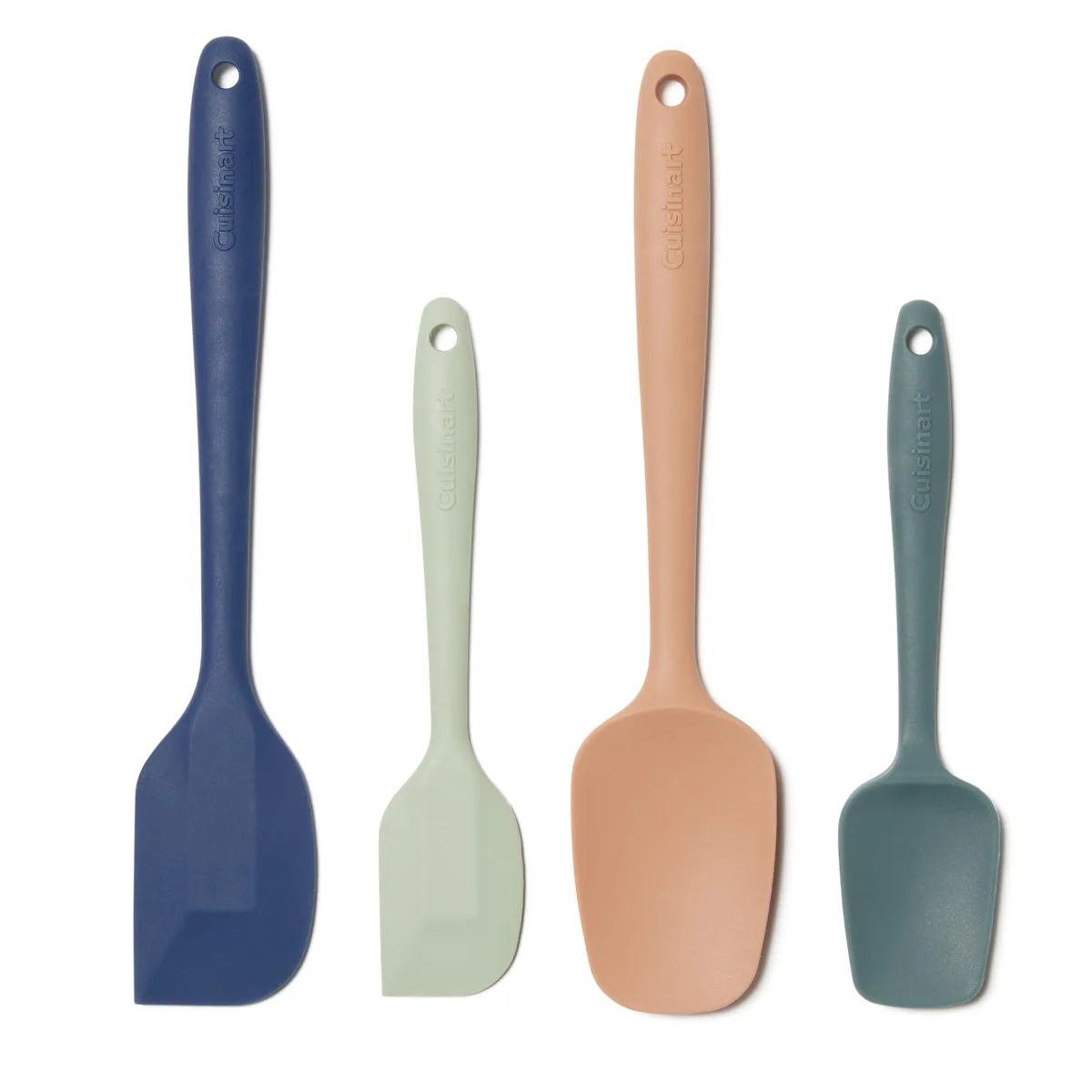 Four colourful silicone spatulas, two full-size and two mini, each a different hue