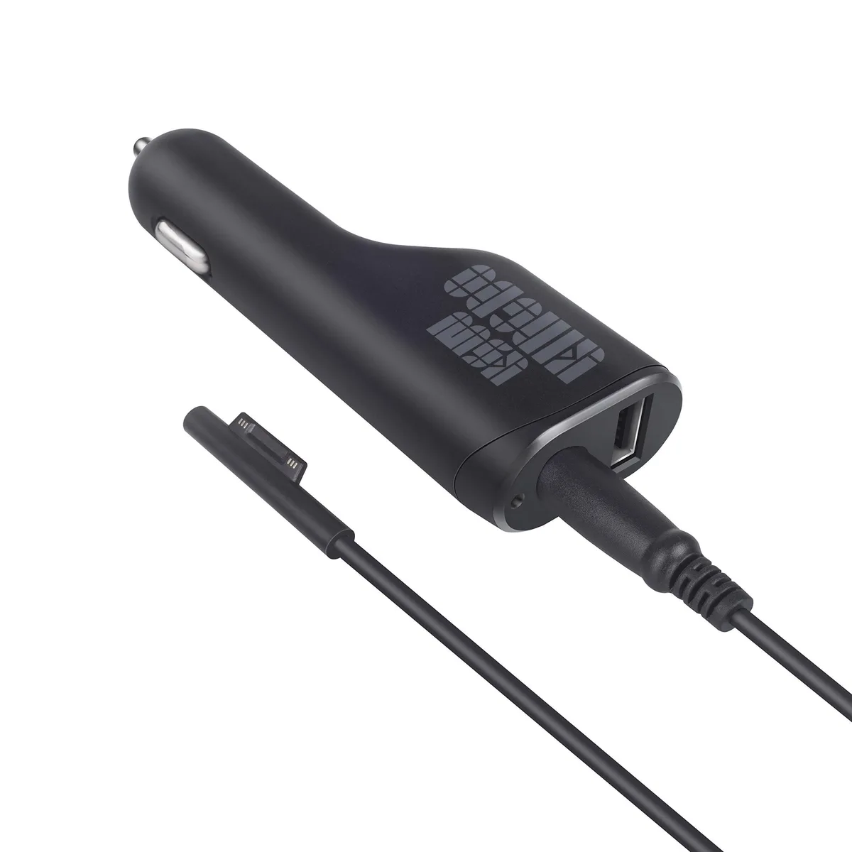 Black rectangular car charger with coiled cable and USB port, plus zippered travel case