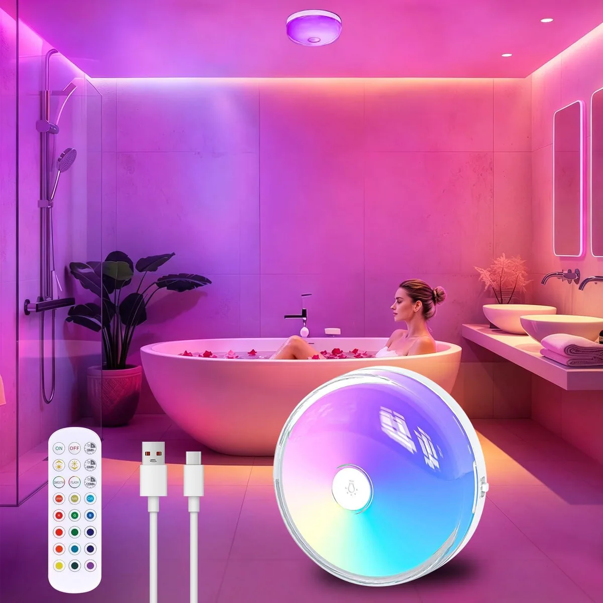  LXDHDS 2 Pack Rechargeable LED Shower Lights RGBW Remote Dimmable Timer — product photo