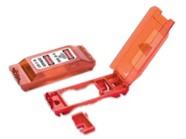 Red polycarbonate wall switch lockout with padlock hole