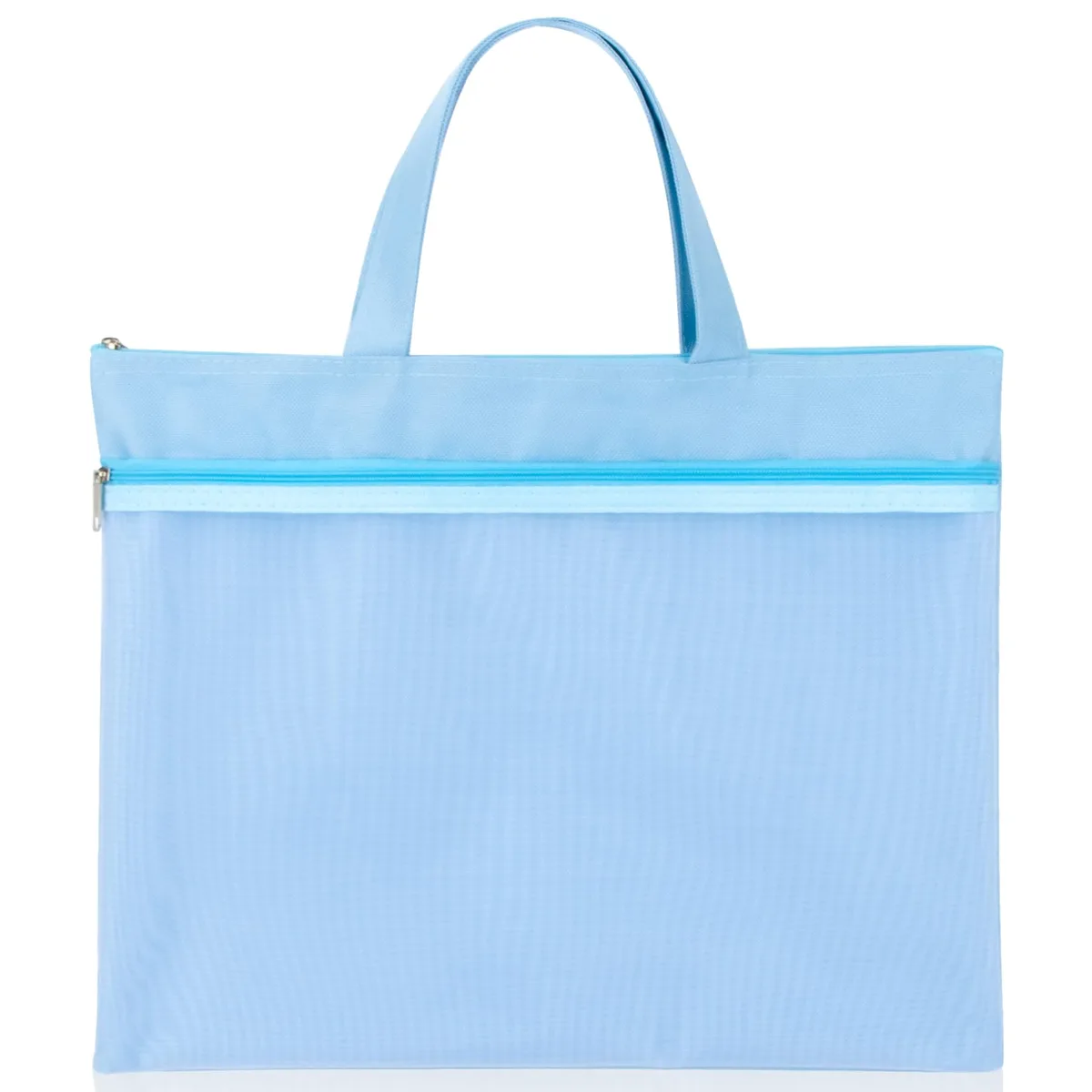 Blue mesh nylon zipper pouch with handle, double pocket, 13 inch size