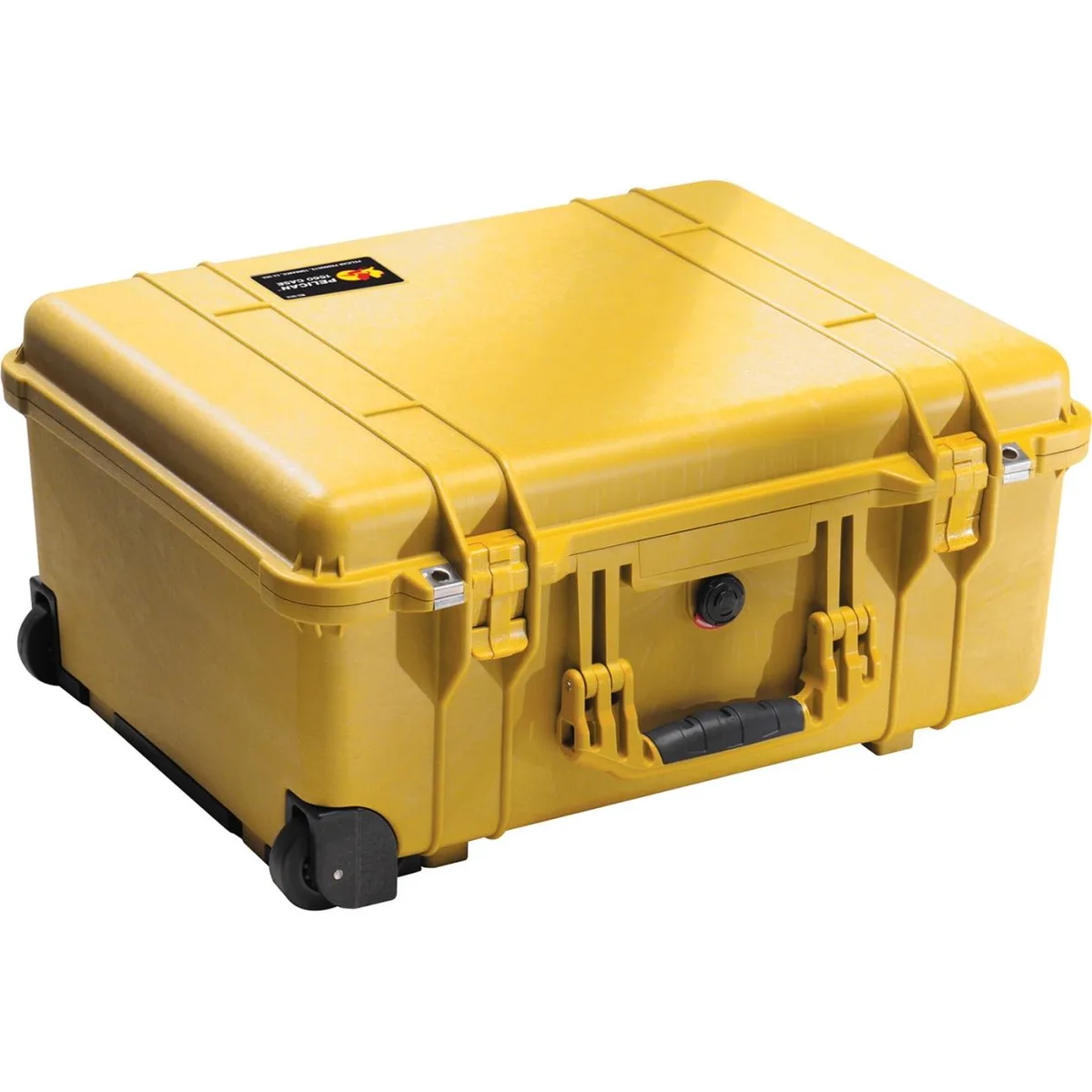 Yellow Pelican 1560 protective case with built-in wheels, double-throw latches and a comfortable carry handle