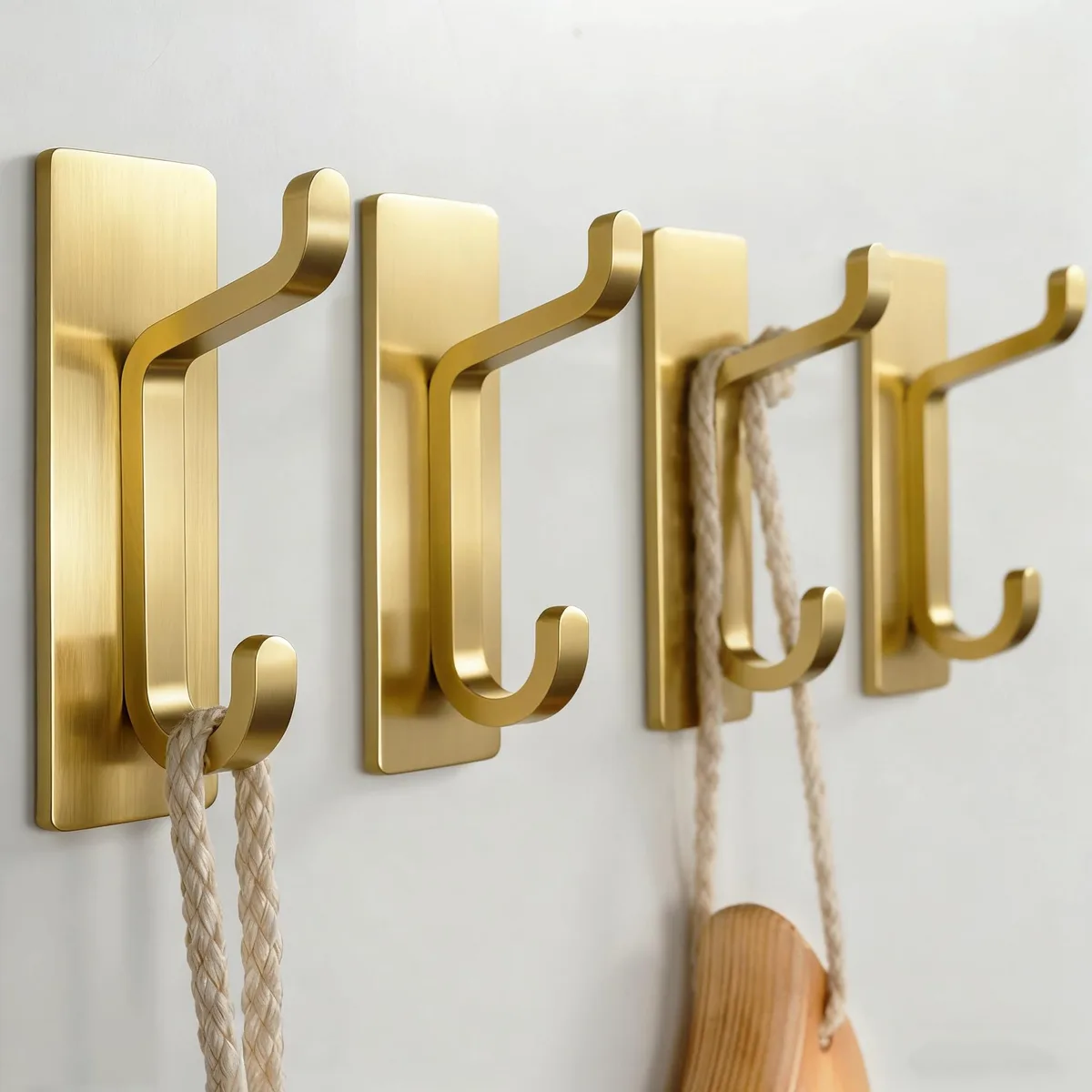 Four brushed gold adhesive wall hooks in a pack