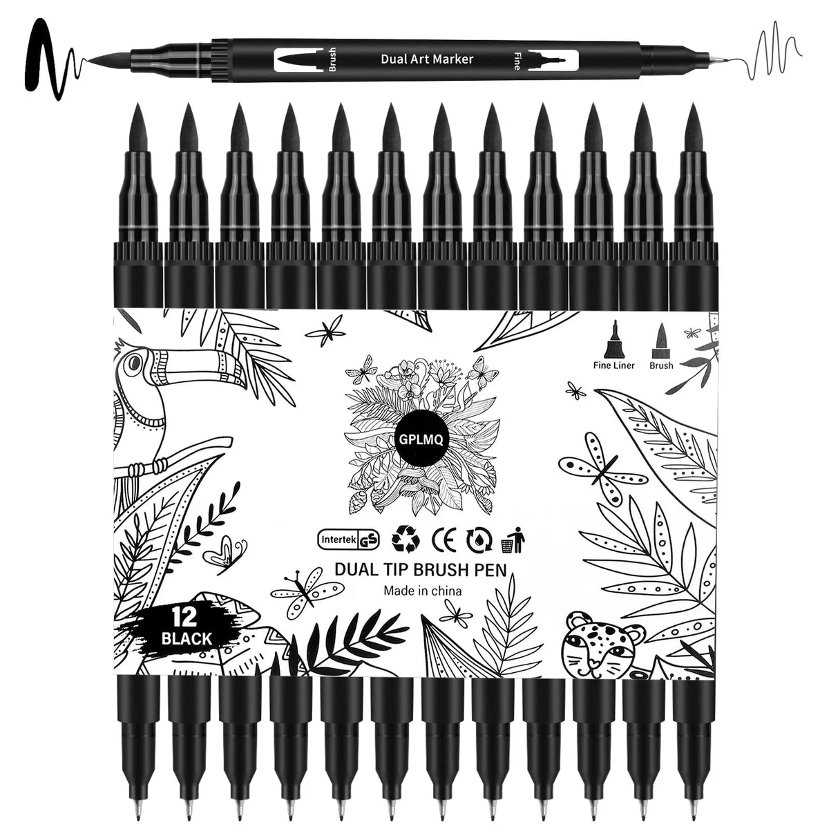 Twelve black dual-tip pens in a clear case, fine liner and brush tips visible