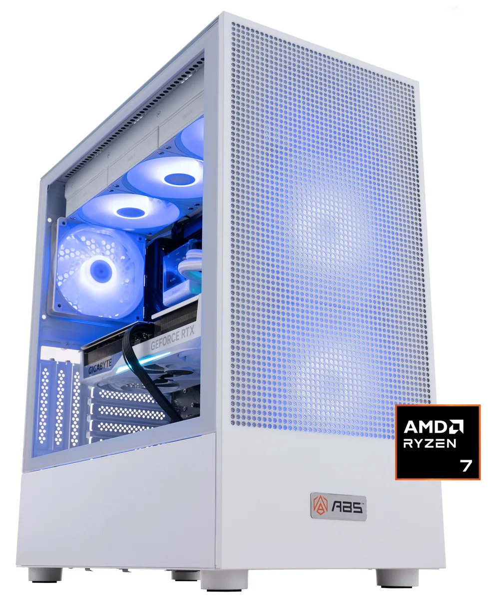 ABS ABS AR7800X3D5070TI gaming PC refurbished Ryzen 7 7800X3D RTX 5070 Ti 32GB DDR5 2TB NVMe White — product photo