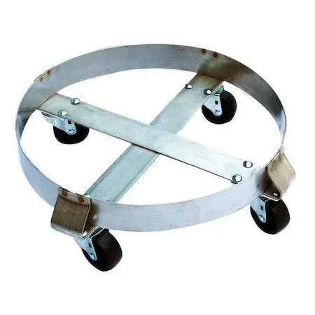 Silver stainless steel drum dolly with four three-inch solid casters, open round deck, unfinished steel frame