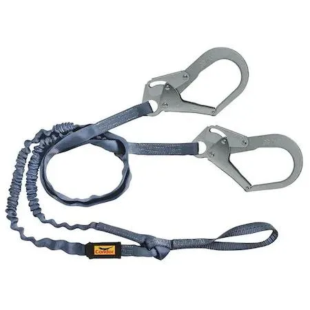 Blue polyester shock-absorbing lanyard with dual legs, steel rebar hooks, web loop harness end, tubular webbing core