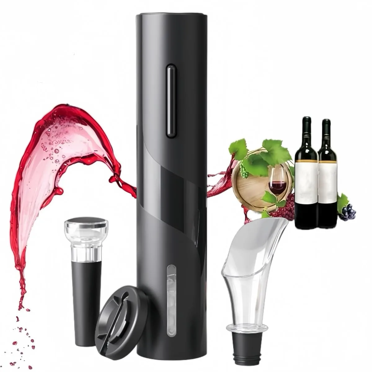 Black electric wine bottle opener, slim cylindrical shape, smooth matte finish