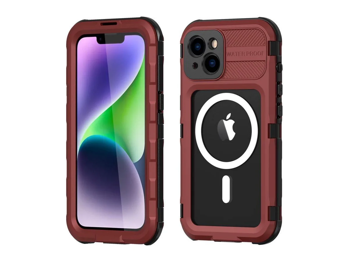 Red waterproof case for iPhone 14 with built-in screen protector and MagSafe ring