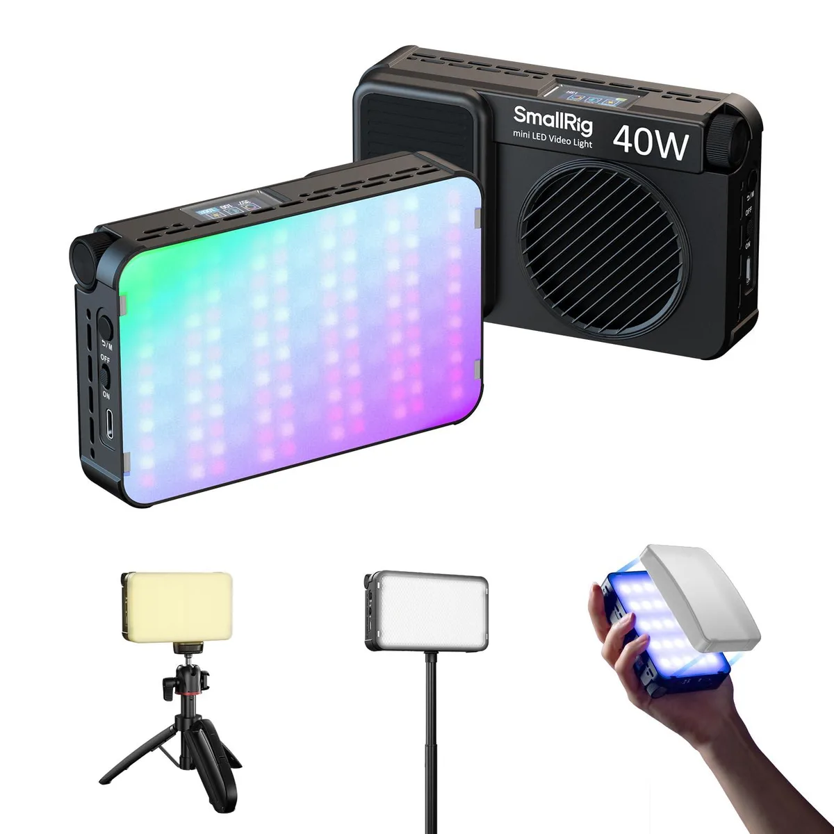 Compact rectangular LED panel with magnetic diffuser attached, matte finish, LCD screen on side