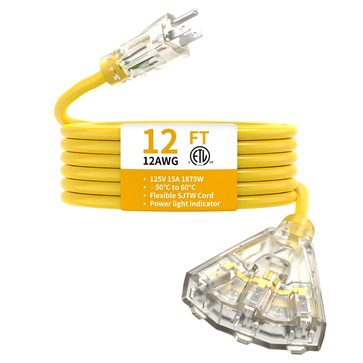  PRIMOWIRE AP-305+SP-505 12ft 12 Gauge Outdoor Extension Cord 3 Outlets Lighted End 15A 1875W 125V Yellow ETL — product photo