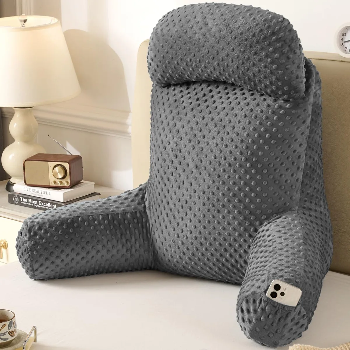 Pink reading pillow with armrests, side pockets and carry handle, soft cotton cover, 4.141kg
