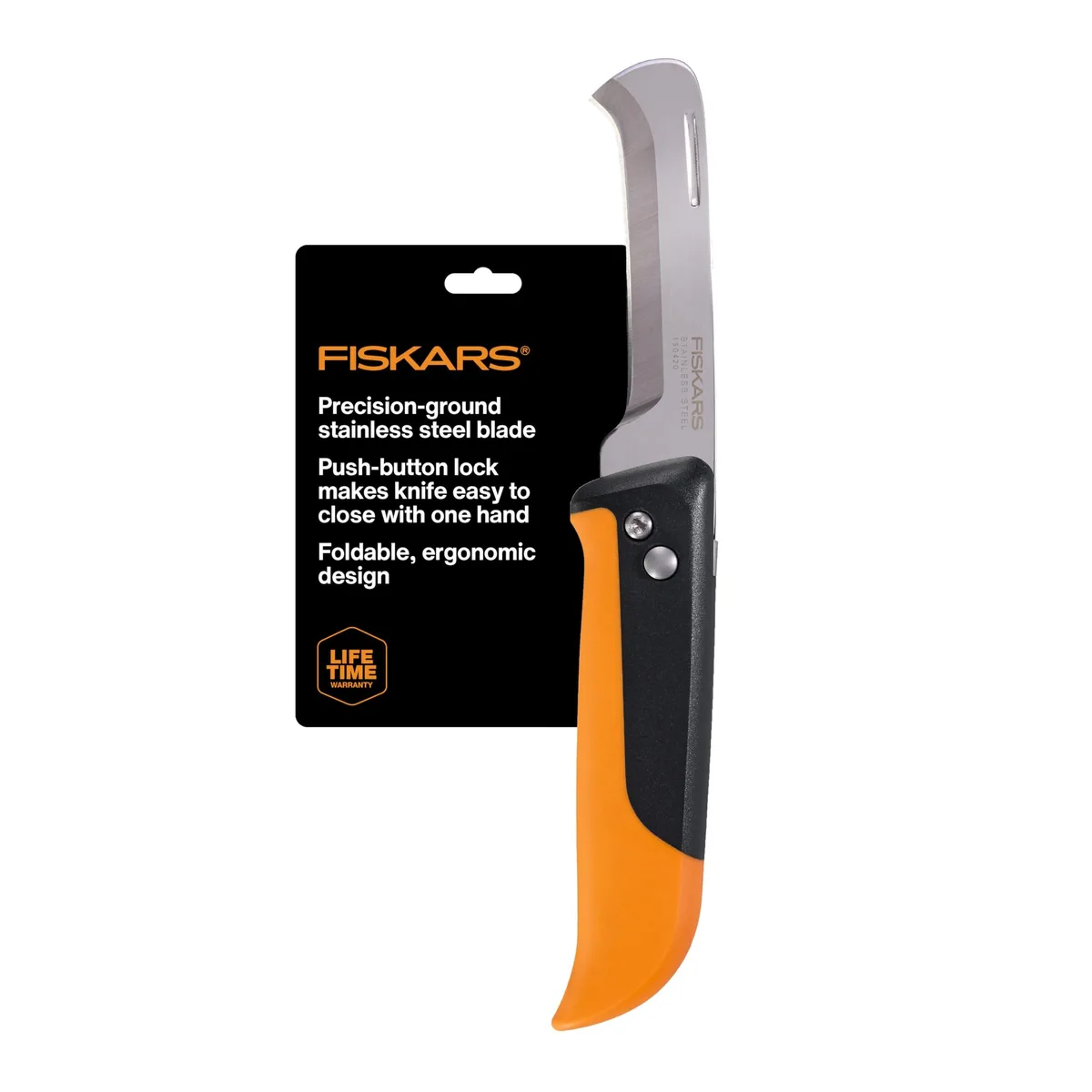 Orange folding produce knife with curved stainless steel blade and ergonomic handle