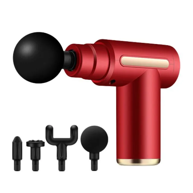 Red hand-held massage gun with LCD touch screen and spray-painted ABS shell