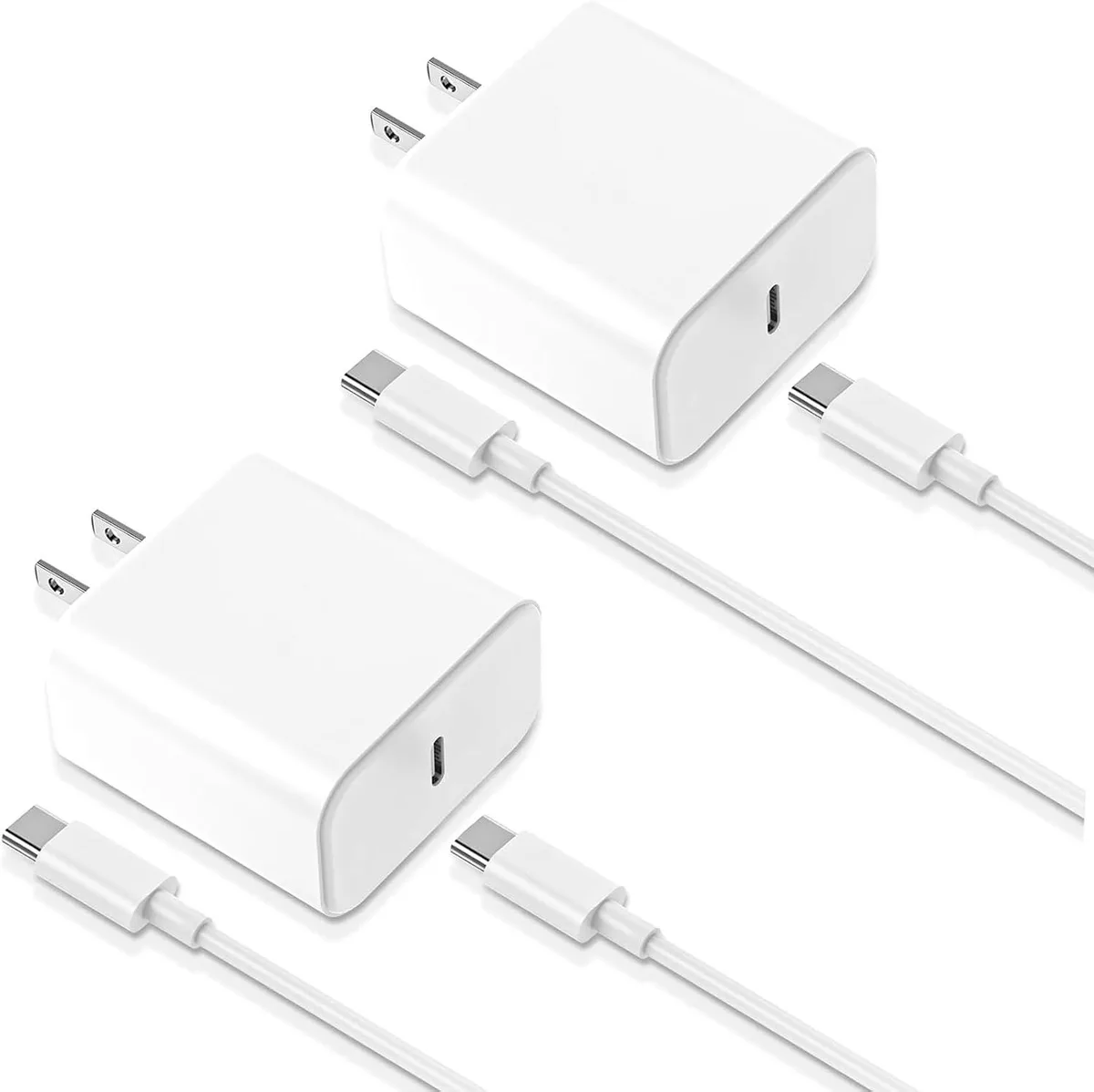Two white cube wall chargers and two white USB-C to USB-C cables