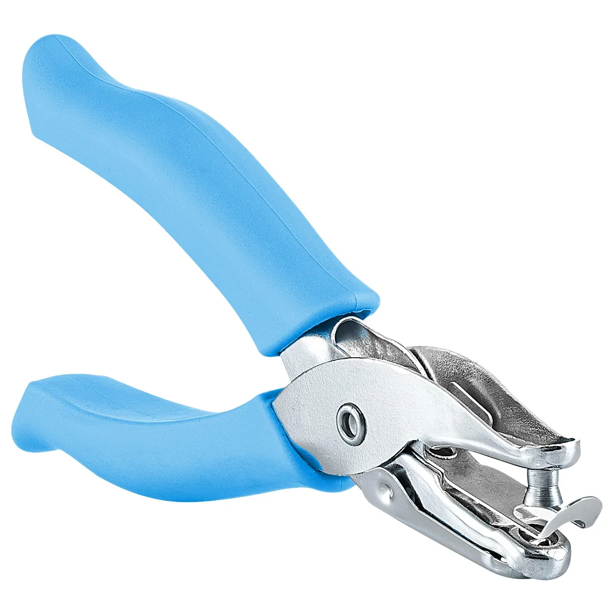 Blue single-hole punch with soft-grip handles and built-in waste holder