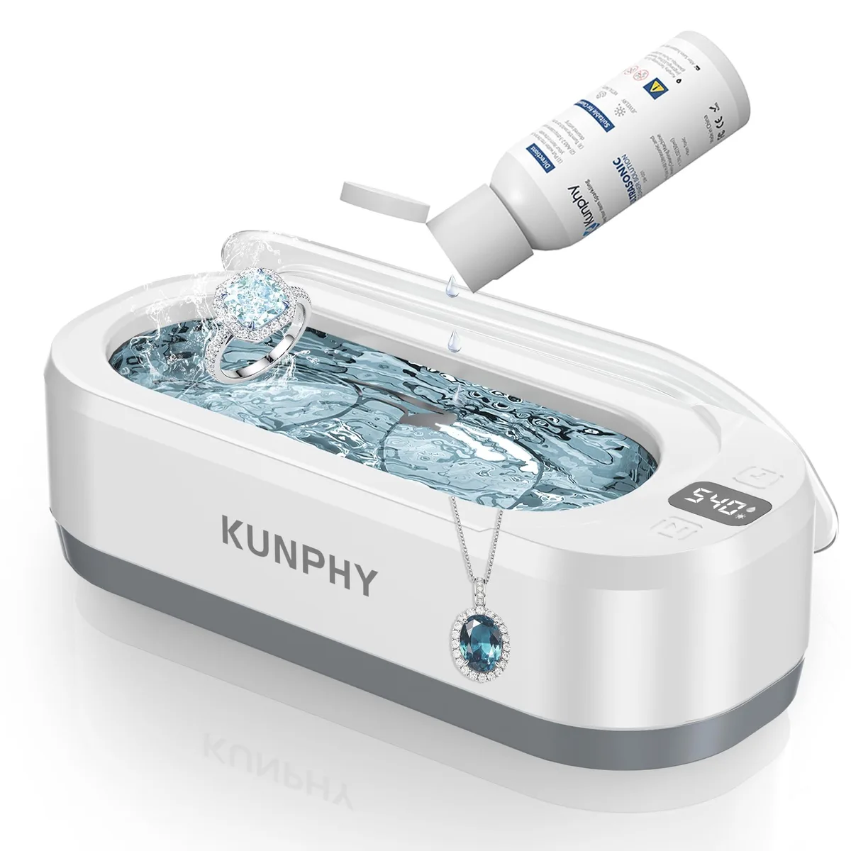 White compact ultrasonic cleaner with touch controls and digital timer display