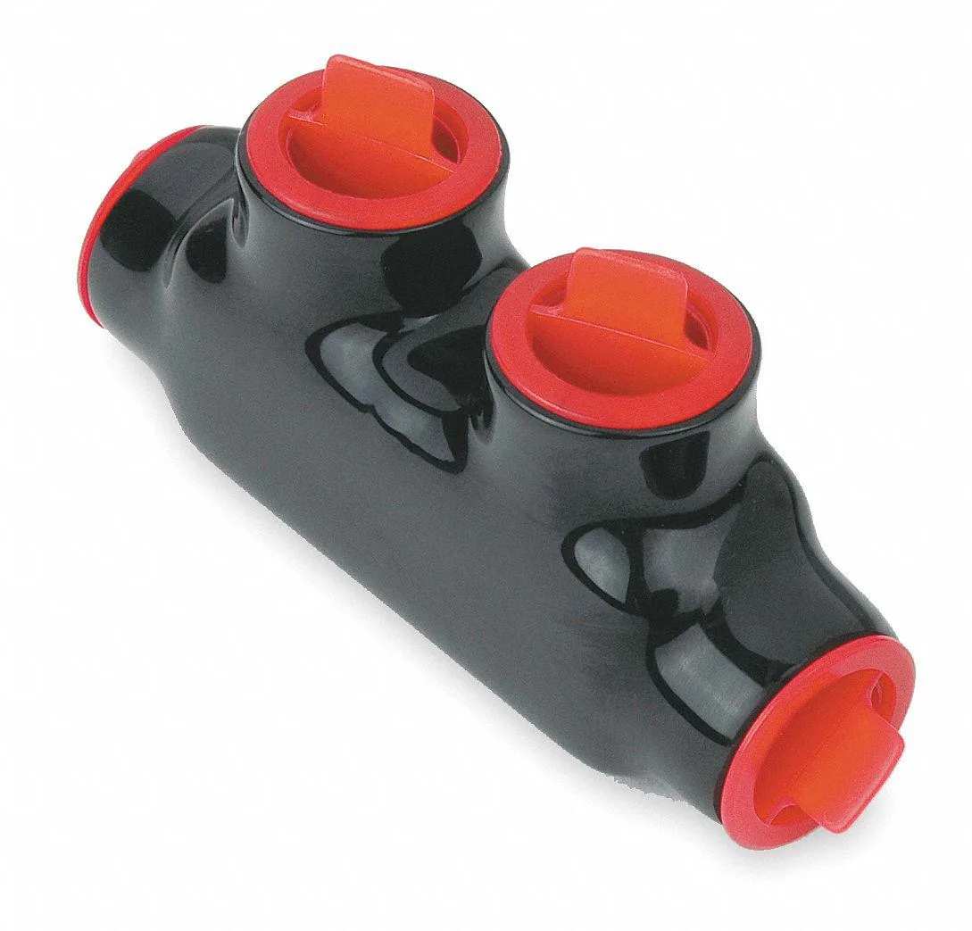 Black PVC-coated aluminum splice connector with two inline hex-head ports