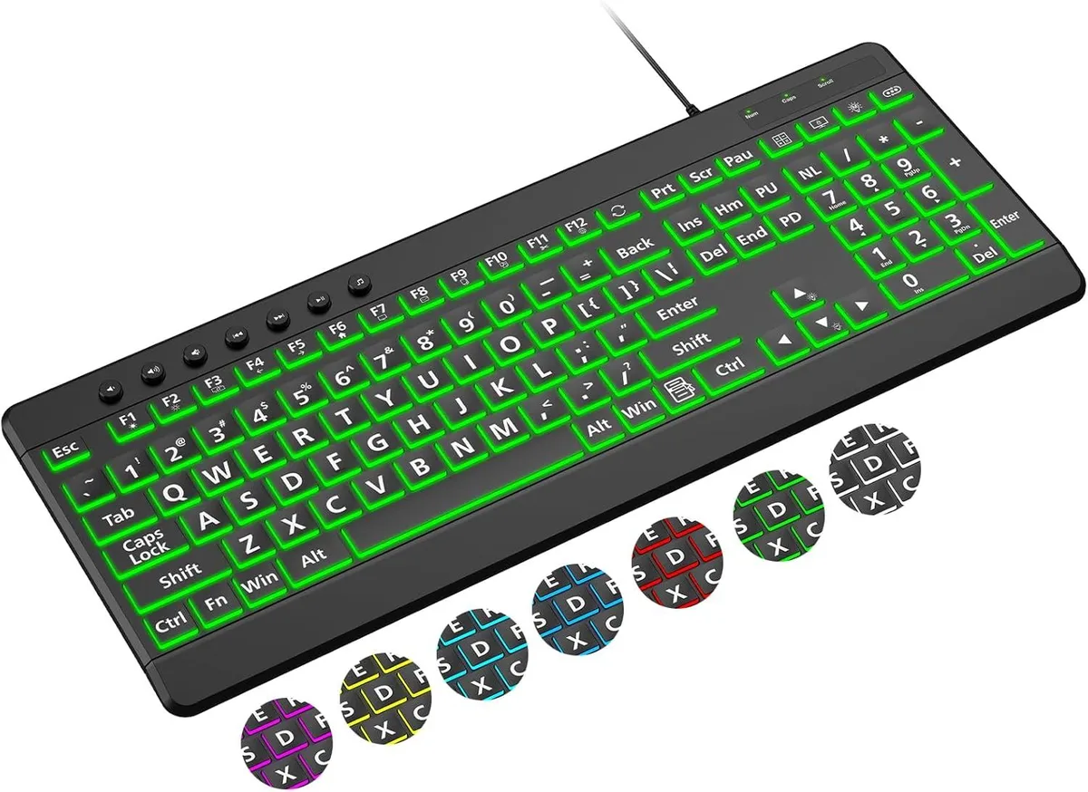 TUKO TUKO Large Print Backlit Gaming Keyboard 7-Colors 12 Multimedia Keys 10 Hotkeys 5.25ft USB — product photo