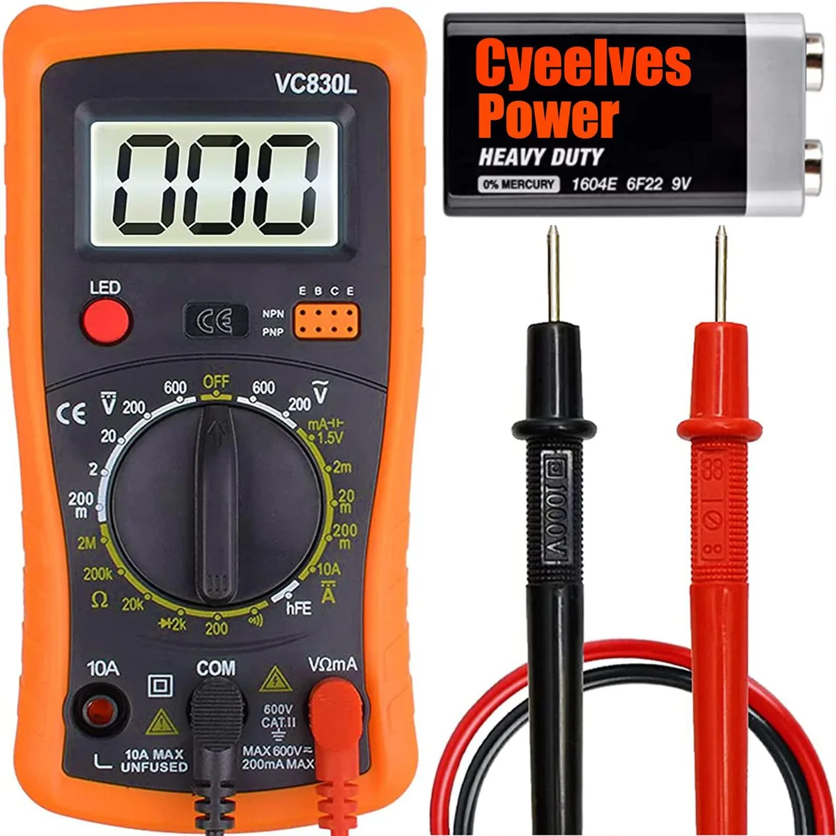 Compact orange digital multimeter with foldable stand, test leads, backlit LCD, silicone cover, 226g