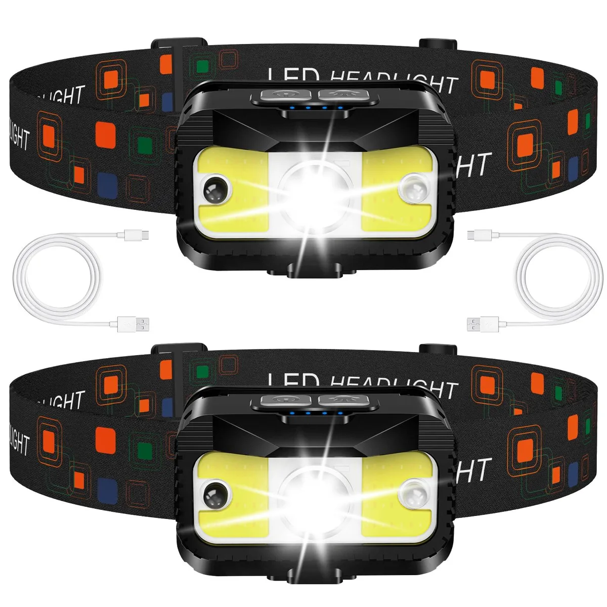 Two compact rectangular headlamps in matte black finish, each with a front LED panel and side emitters, shown with a USB-C cable