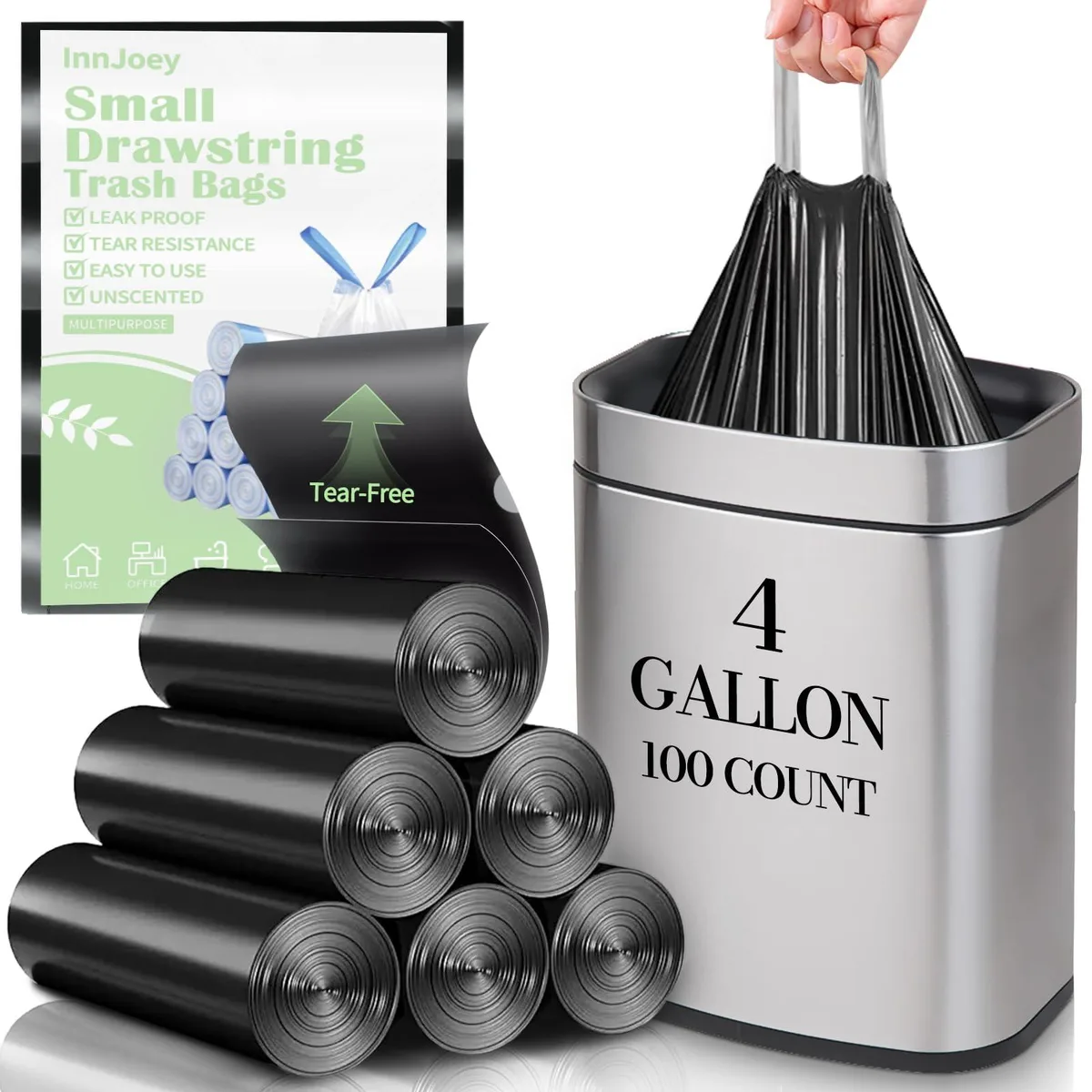 Pack of 100 black drawstring trash bags for 4-gallon bins