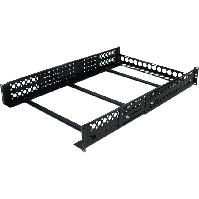 Pair of silver metal rack rails with three crossbars for 19 EIA-310 server racks