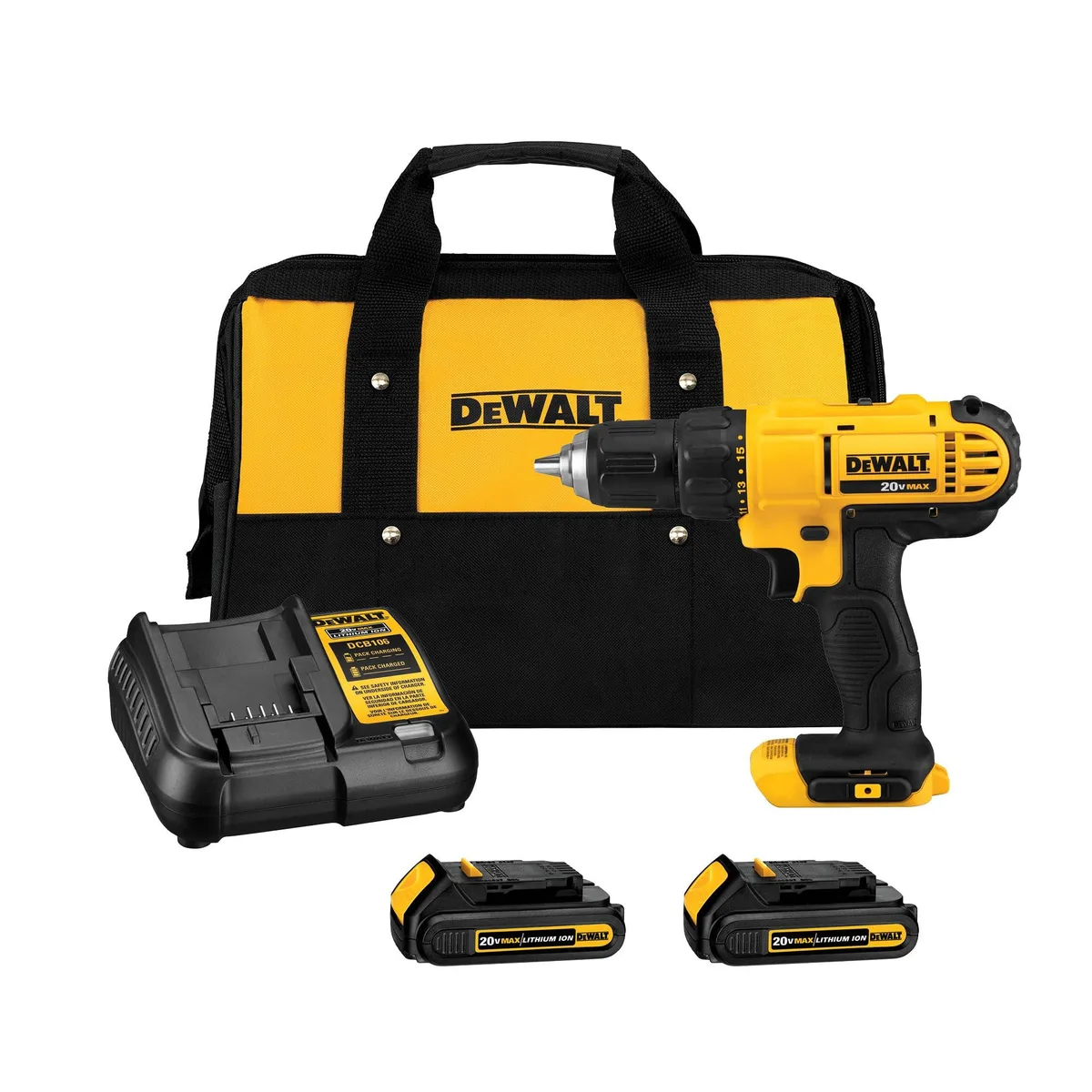 DeWalt DCD771C2 20V Max 2-speed drill driver kit with 2 XR 1.3Ah batteries — product photo