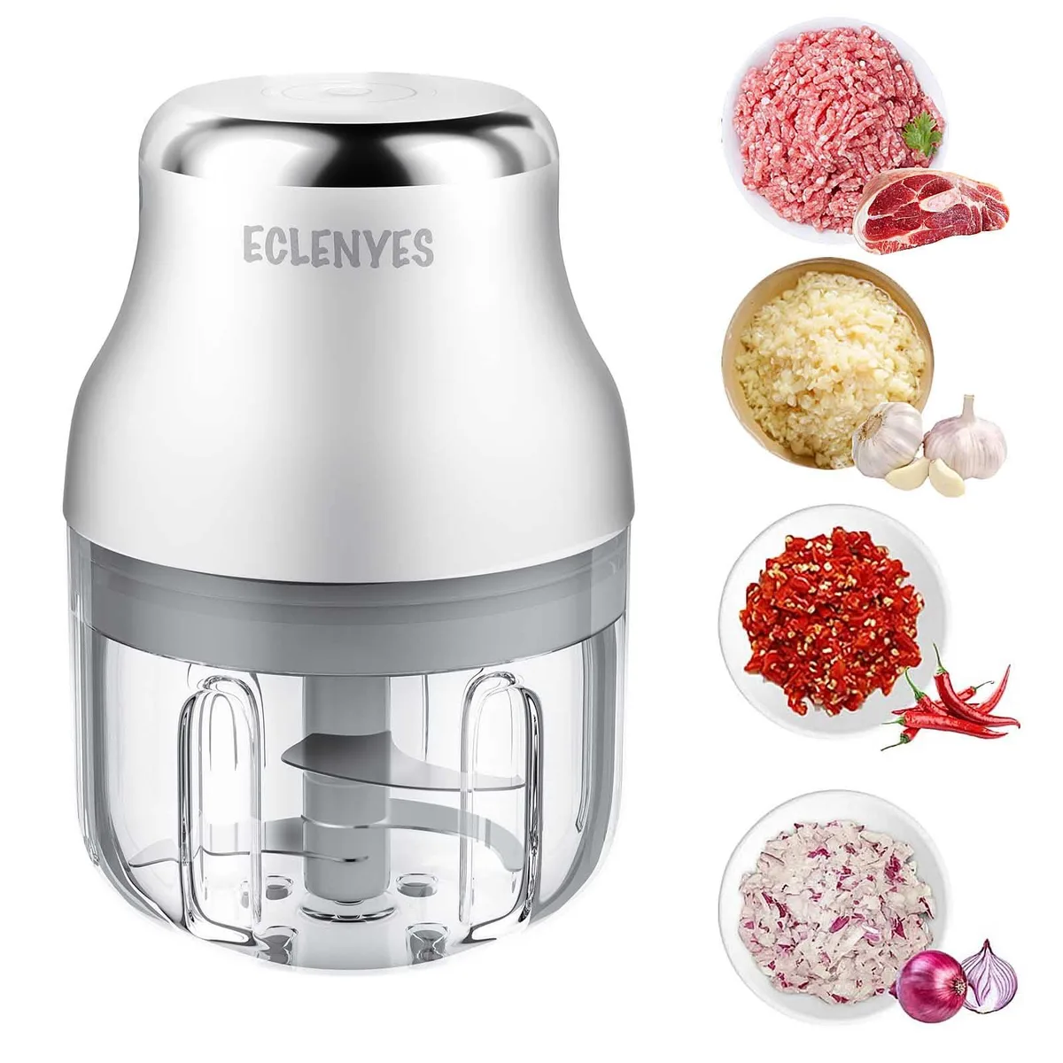 White mini food processor, compact cylindrical shape with lid and USB charging port