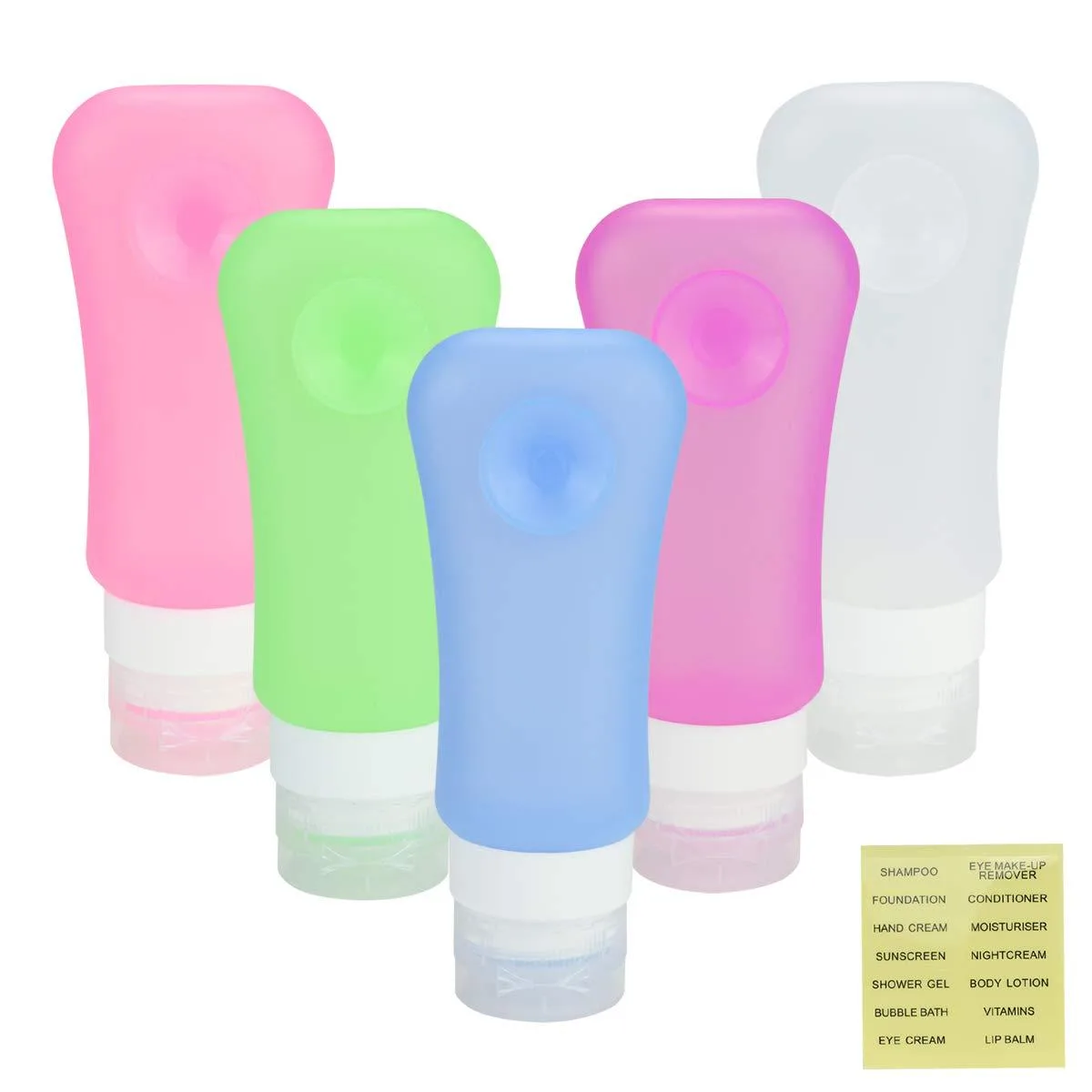 Set of five coloured silicone travel bottles in a clear zippered bag