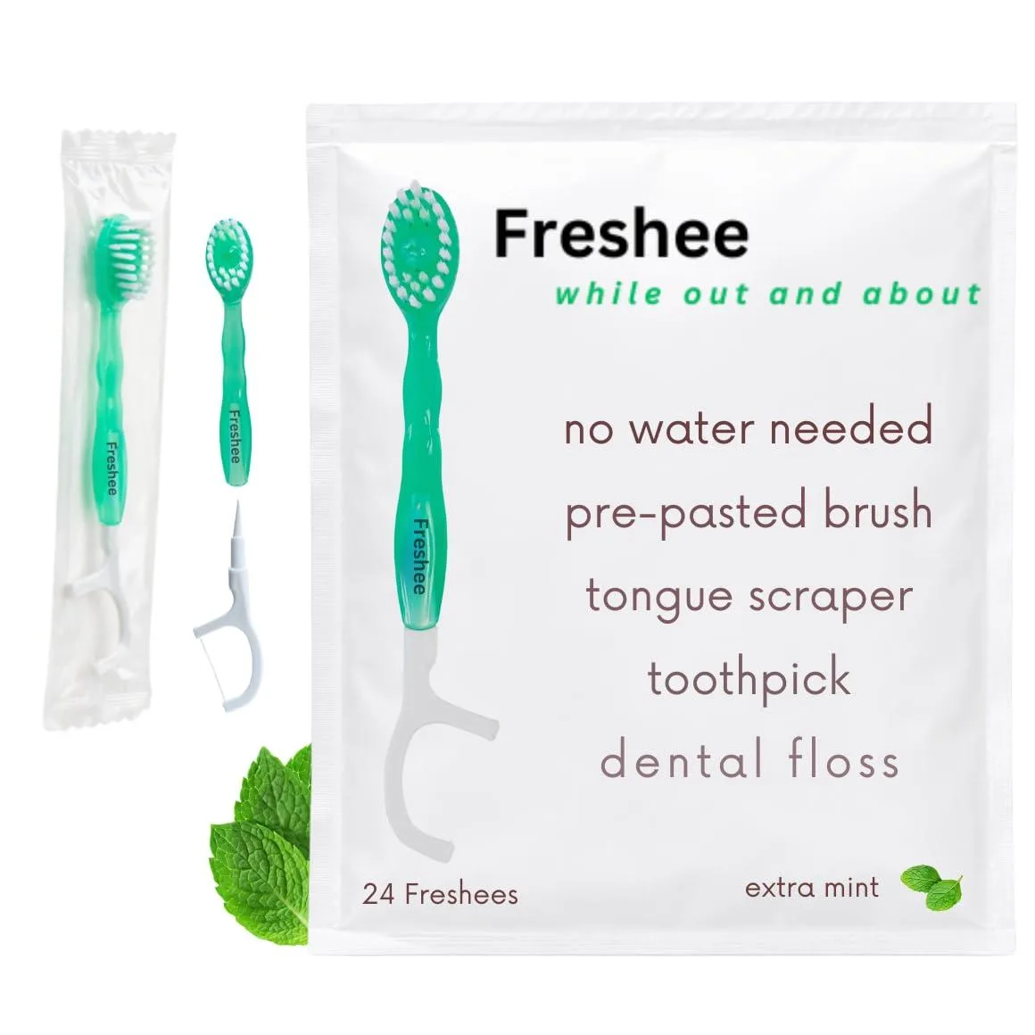 Individually wrapped mini toothbrush with mint bead, floss pick and tongue scraper